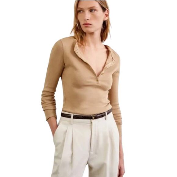 Nili Lotan Khaki Tan Jordan Ribbed Thermal Henley Cotton Top - Picture 1 of 10